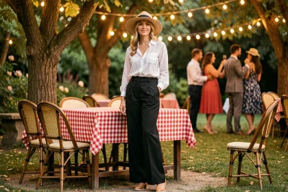 Femme en pantalon noir taille haute et chemisier blanc brodé dans un décor de guinguette rétro avec guirlandes lumineuses