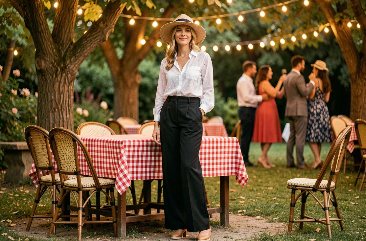 Femme en pantalon noir taille haute et chemisier blanc brodé dans un décor de guinguette rétro avec guirlandes lumineuses