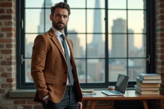 Homme en veste vintage tweed camel portée au bureau avec vue sur la ville en arrière-plan, style rétro professionnel