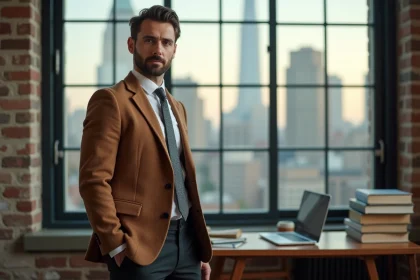 Homme en veste vintage tweed camel portée au bureau avec vue sur la ville en arrière-plan, style rétro professionnel
