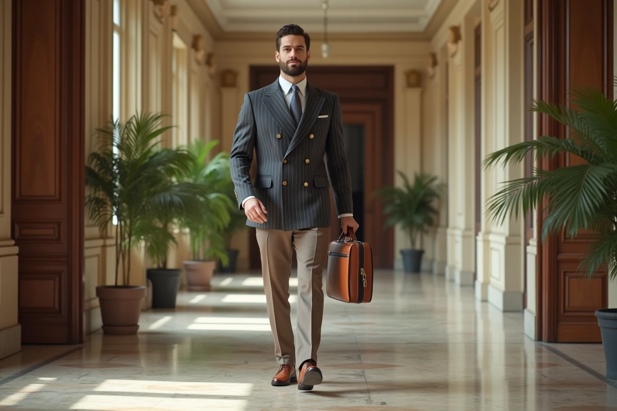 Homme en veste vintage à double boutonnage rayure craie marchant dans un couloir de bureau parisien avec mallette en cuir