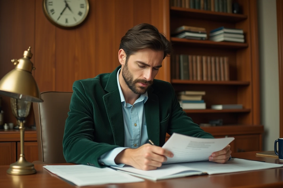 Homme assis à un bureau vintage portant une veste en velours côtelé vert, ambiance rétro professionnelle années 70