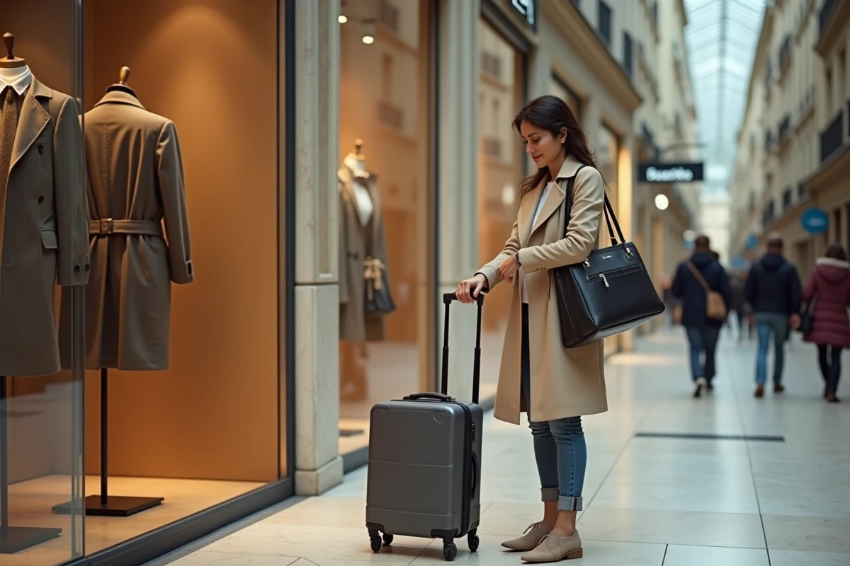 Voyageuse pressée avec valise devant les boutiques du Centre Commercial Montparnasse à Paris