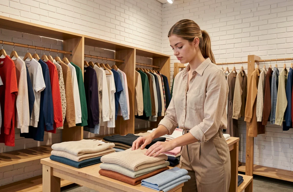 Intérieur de la boutique mixte Wakatépé à Rennes avec présentoir de vêtements colorés et vendeuse arrangeant des pièces