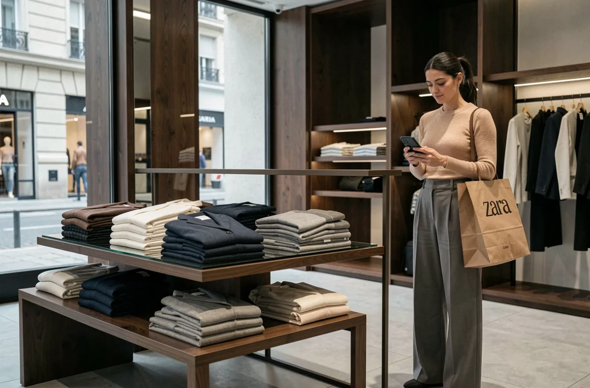 Femme élégante portant un sac Zara dans un intérieur de boutique au design architectural épuré avec des vêtements contemporains exposés